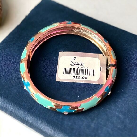 Sequin Southwest Blue Teal Gold Rhinestone Stackable Hinged Clamper Bangle NWT - Picture 4 of 5